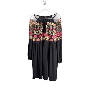 Boho Floral Embroidered Suzanne Betro Large Black Mesh Lace Flowy Blouson Dress